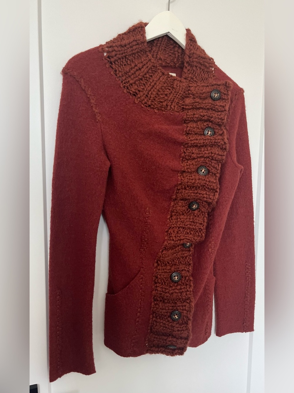 Anthropologie Gro Abrahamsson Transverse Placket Wool Cardigan Rust Orange XS - Picture 3 of 9
